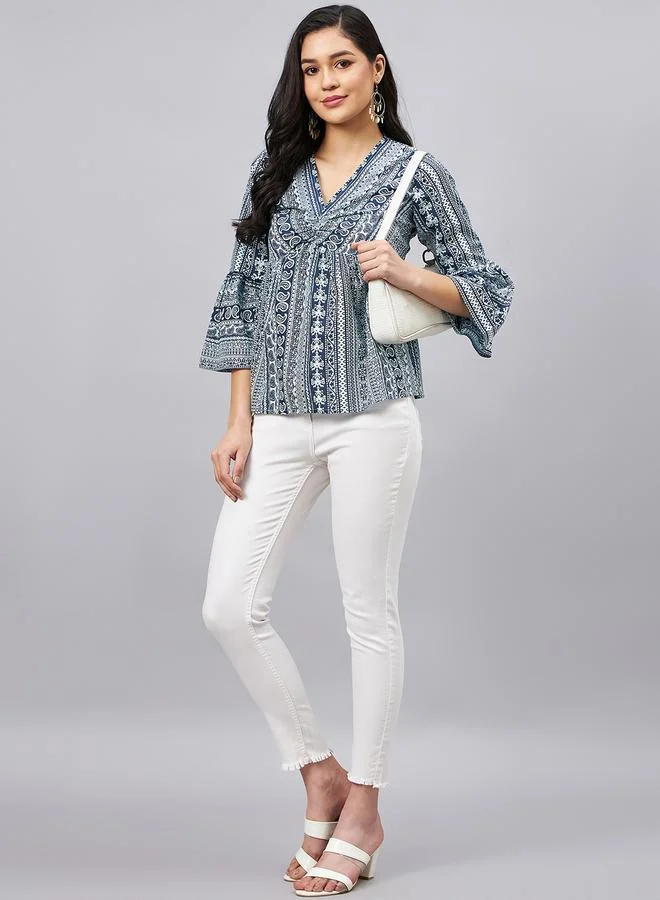 WineRed Women Navy Paisley Print Top with 3/4 Sleeve